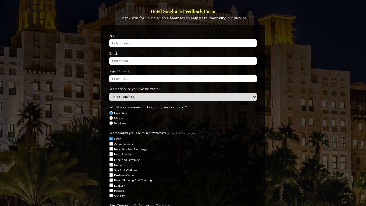 Hotel Singhara's feedback form